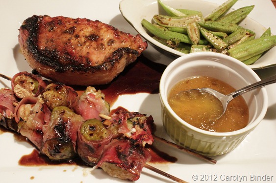 Fig Skewers,  Pork Chops, Grilled Okra, Fig Jam at Cowlick Cottage Farm